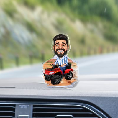 A Man with mountain car Personalized Bobblehead Caricature Acrylic Standee, Funny Cartoon Character Desk Decor Funny Gift for Brother & Friends Solar Powered Moving Head for Car Dashboard & Tabletop